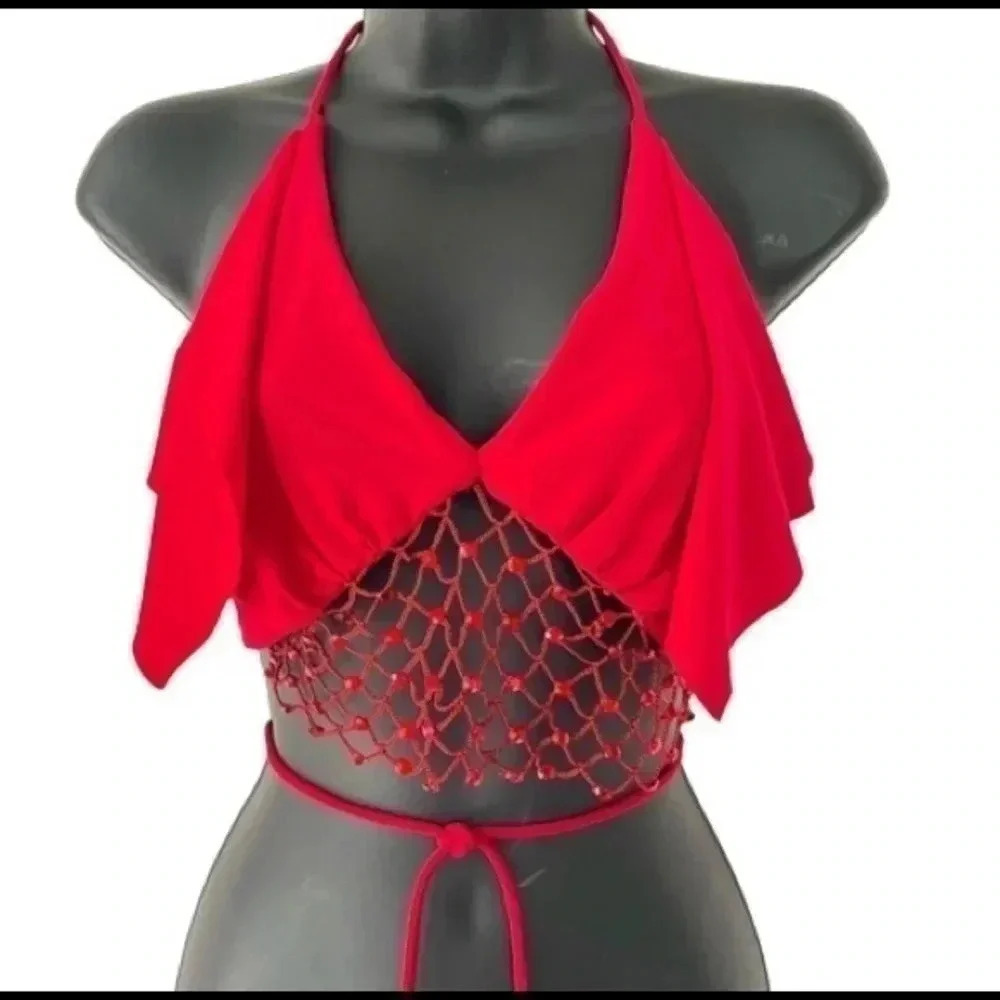 RUFFLE MESH BIKINI RED RHINESTONES TOP SIZE SMALL